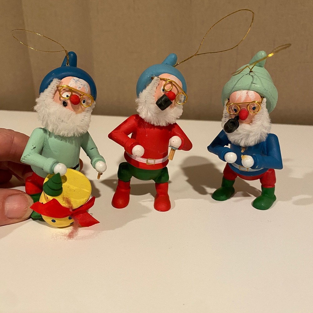Vintage Wood Gnome Ornament Set 3 Band Musical Instruments Christmas Decor‎